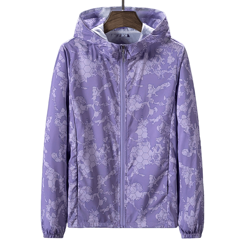 Purple sun-protective waterproof women's windbreaker jacket with floral pattern and zipper, ideal for outdoor activities.